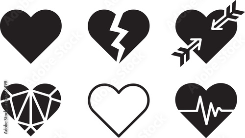 Set of six stylish black heart icons representing love emotions feelings and relationships
