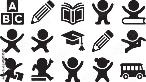 Simple black and white school education icons featuring kids and learning elements