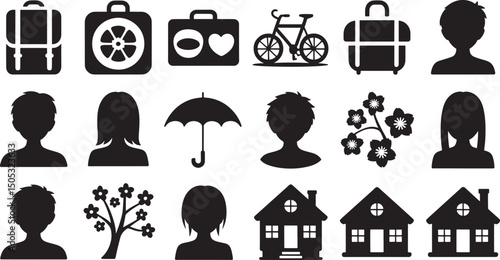 Simple black and white vector graphic illustrations featuring everyday objects and silhouettes.