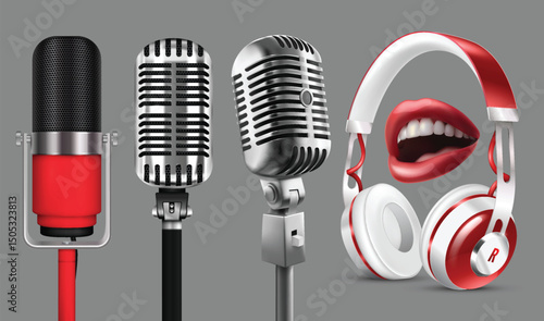 Realistic Podcast Microphones and Elements Collection