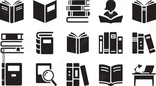 Various illustrated books and reading related icons in simple monochrome black and white