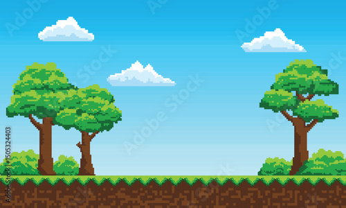 illustration of Cartoon landscape retro pixel art 8 bit style game interface design background