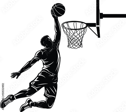 An athlete making powerful slam dunk jump with extended arm toward basketball hoop