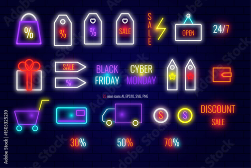 neon illustration of Black Friday icons