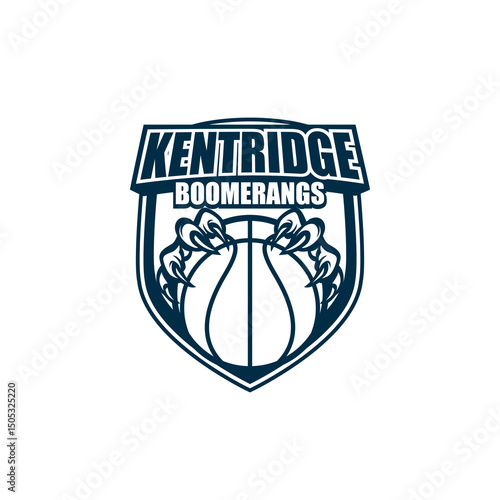 The image showcases nine basketball-themed logo designs for a team called “Kentridge Boomerangs.” Each logo incorporates a basketball with aggressive or supernatural hands, claws, 
