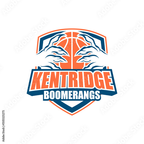 The image showcases nine basketball-themed logo designs for a team called “Kentridge Boomerangs.” Each logo incorporates a basketball with aggressive or supernatural hands, claws, 