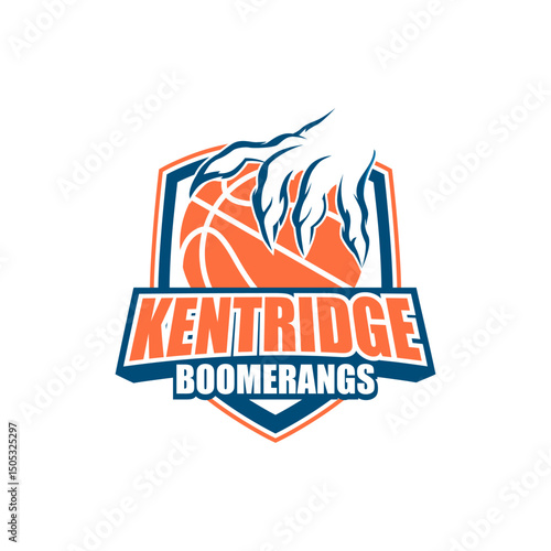 The image showcases nine basketball-themed logo designs for a team called “Kentridge Boomerangs.” Each logo incorporates a basketball with aggressive or supernatural hands, claws, 