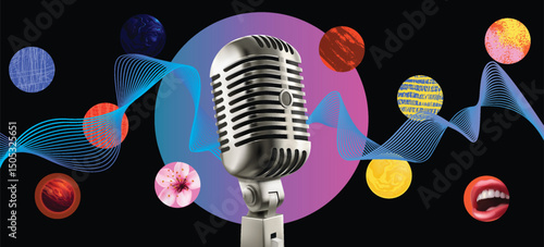 Realistic Podcast Composition with Vintage Microphone