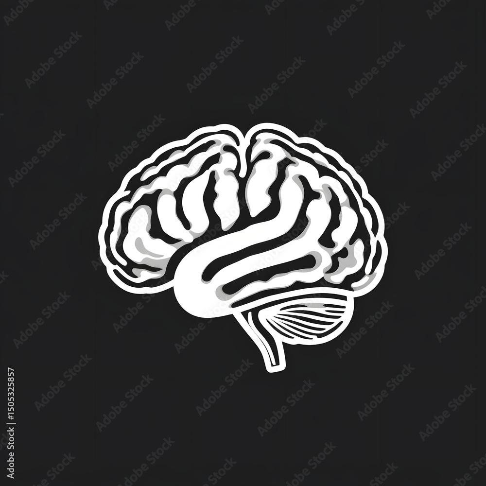 Title: Intricate White-Line Brain Illustration on Dark Background with Detailed Neural Folds Title: Intricate White-Line Brain Illustration on Dark Background with Detailed Neural Folds