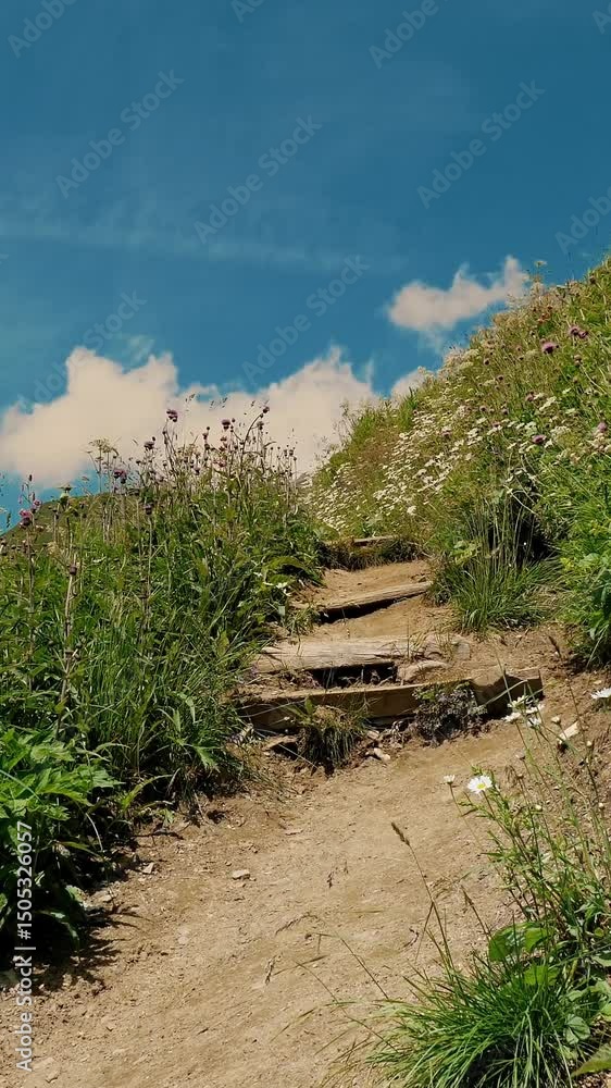 Hiking Trail on a Sunny Day in the Mountains with Lush Greenery Hiking Trail on a Sunny Day in the Mountains with Lush Greenery