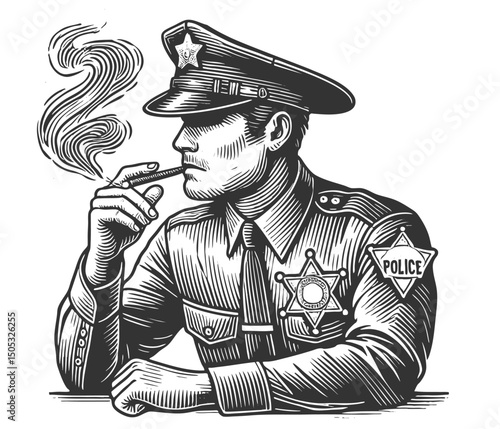 police officer in uniform smoking a cigar, evoking a noir-style, old-fashioned, and mysterious atmosphere sketch engraving generative ai vector illustration. Scratch board. Black and white image.