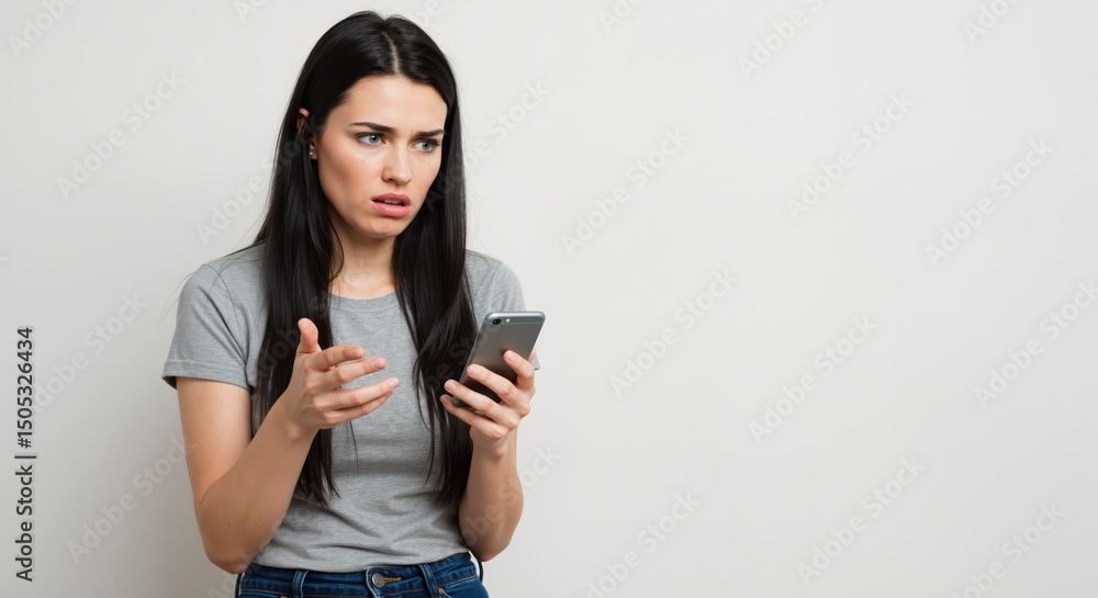 Fototapeta premium Young woman looking confused while holding smartphone indoors 