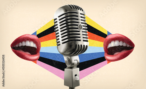 Realistic Podcast Composition with Vintage Microphone and Mouth