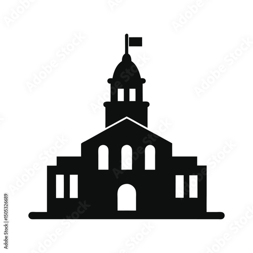 Black silhouette of a classical government building with a flagpole on top