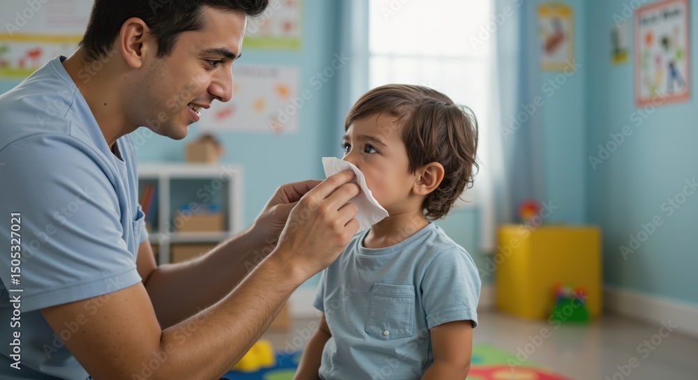 Fototapeta premium Father gently wiping son's face while sitting on floor in playroom 