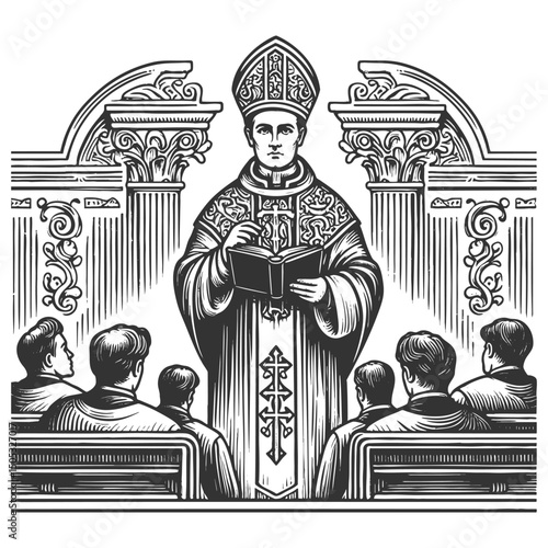 priest in ceremonial robes delivering a sermon to a seated congregation inside a highly decorated church sketch engraving generative ai vector illustration. Scratch board. Black and white image.