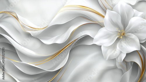 Elegant White Flower with Golden Accents on Soft Flowing Background