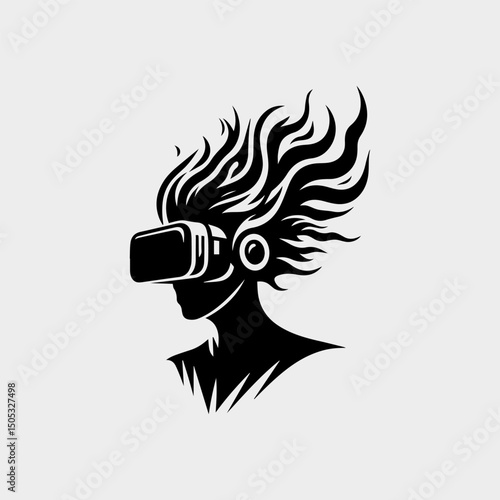 Bold monochrome VR headset logo with abstract fiery energy rays symbolizing cutting-edge technology innovation