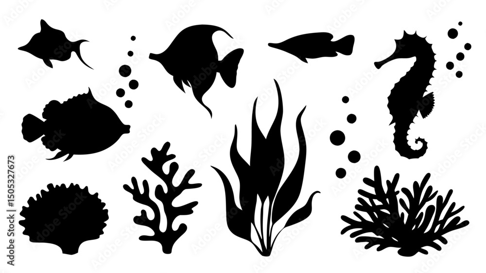 Fototapeta premium Black silhouette of marine life.