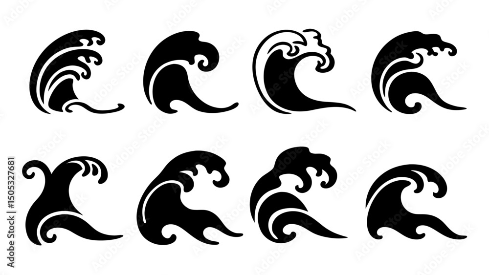 Fototapeta premium Set of sea wave silhouette isolated on white background.