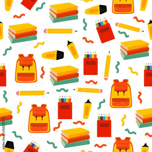 School Supplies Seamless Pattern – Cute Cartoon Style Education Background