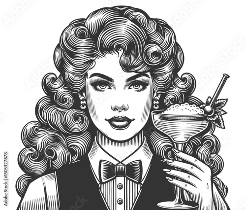 woman with voluminous hair and a bowtie, elegantly holding fancy cocktail glass sketch engraving generative ai fictional character vector illustration. Scratch board imitation. Black and white image.