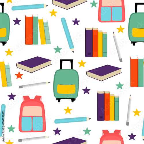 Seamless School Pattern – Colorful Education and Stationery Icons Background