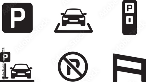 A collection of parking icons representing parking space availability and restrictions in modern style