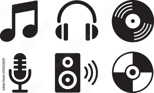 Black and white music icons including microphone headphones vinyl record and speaker system