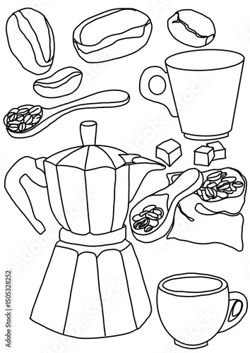 Coffee Line Art Clipart, Moka Pot, Cups, Beans and Spoons