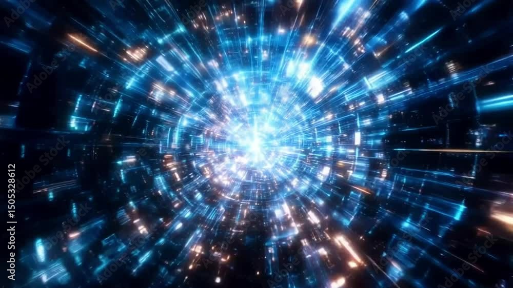 A swirling vortex of blue and gold light streaks converges on a bright central point in a dark space A swirling vortex of blue and gold light streaks converges on a bright central point in a dark space