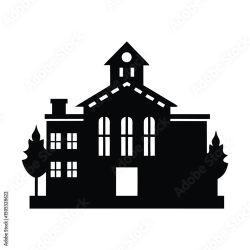 Silhouette of school building with trees vector illustration architecture icon