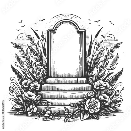 tombstone surrounded by tall grass and flowers, evoking a nostalgic and gothic atmosphere sketch engraving generative ai vector illustration. Scratch board imitation. Black and white image.