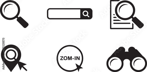 Collection of searching icons depicting research exploration discovery and zooming