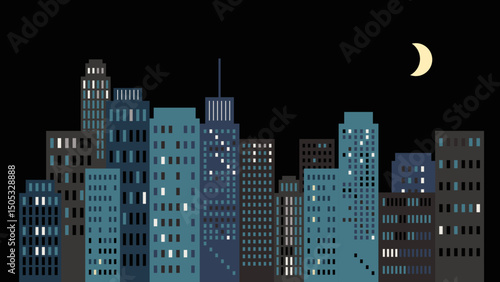 Night Metropolis, vector illustration, Flat Night Cityscape with Skyscrapers. Lights of the night city