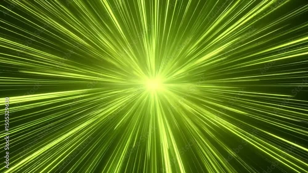 Bright green light streaks burst from central light source on a dark background Bright green light streaks burst from central light source on a dark background