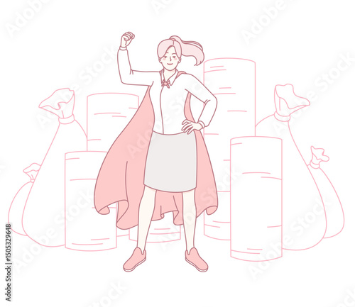 A confident woman stands proudly amidst a collection of bags, embodying immense strength and unwavering determination