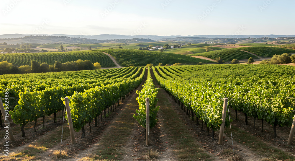 Fototapeta premium Vineyard Rows Stretching Into Green Hills Landscape