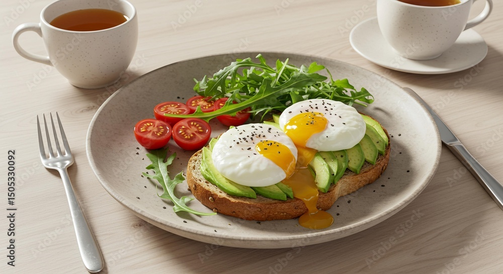 Realistic aesthetic photo of avocado toast with poached eggs, cherry tomatoes, and arugula. Realistic aesthetic photo of avocado toast with poached eggs, cherry tomatoes, and arugula.