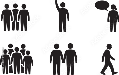 Set of people silhouettes representing various actions and group interactions in black color
