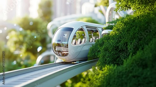 Futuristic eco-friendly high-speed train in lush green environment.