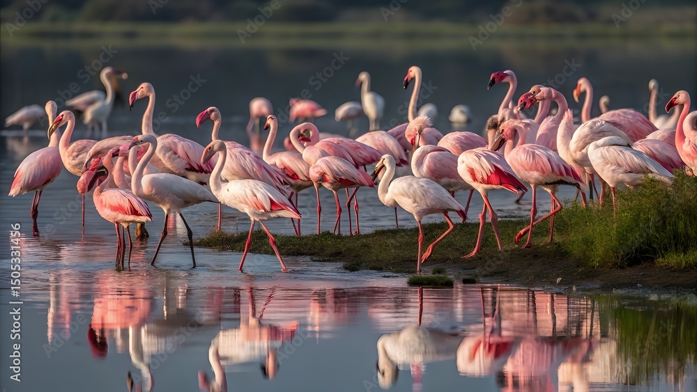 Naklejka premium Group of flamingo like birds standing near water with vivid pink and white feathers under soft natural sunlight