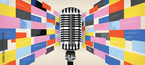 Realistic Podcast Composition with Vintage Microphone