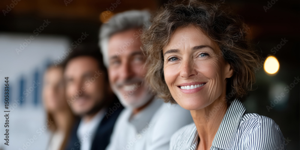 Obraz premium Confident business professionals smiling at a meeting, with a focus on a woman in the foreground.