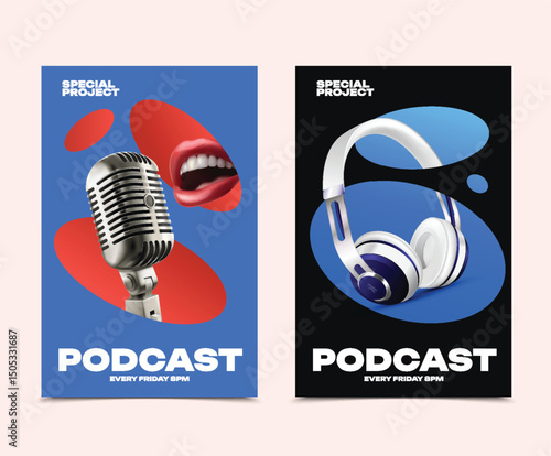 Realistic Podcast Vertical Card Set