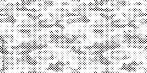 Abstract halftone camouflage pattern background. Classic clothing style masking camo repeat print. Monochrome camo texture.