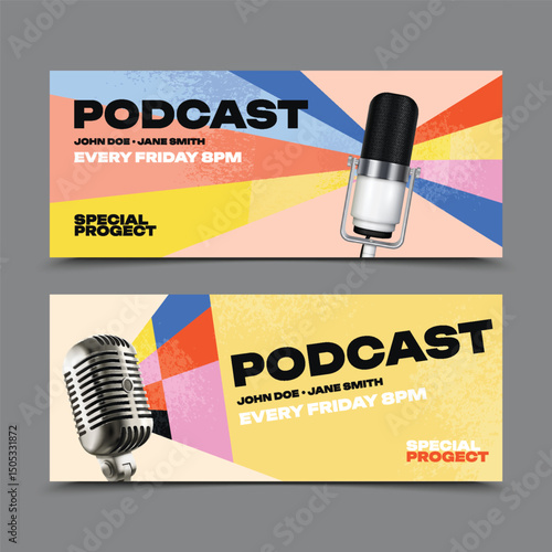 Realistic Podcast Banner Collection with Microphones