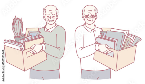 Two elderly men carry boxes of belongings together, demonstrating their organization during the moving process