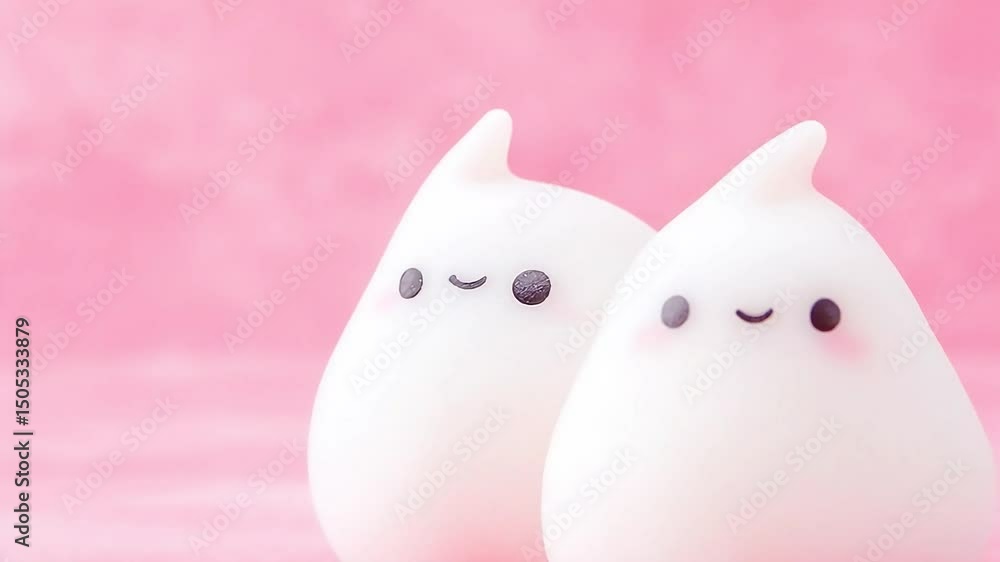 Two adorable, smiling white ghost-shaped figurines on a soft pink background Two adorable, smiling white ghost-shaped figurines on a soft pink background