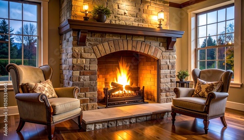 Cozy stone fireplace living room.